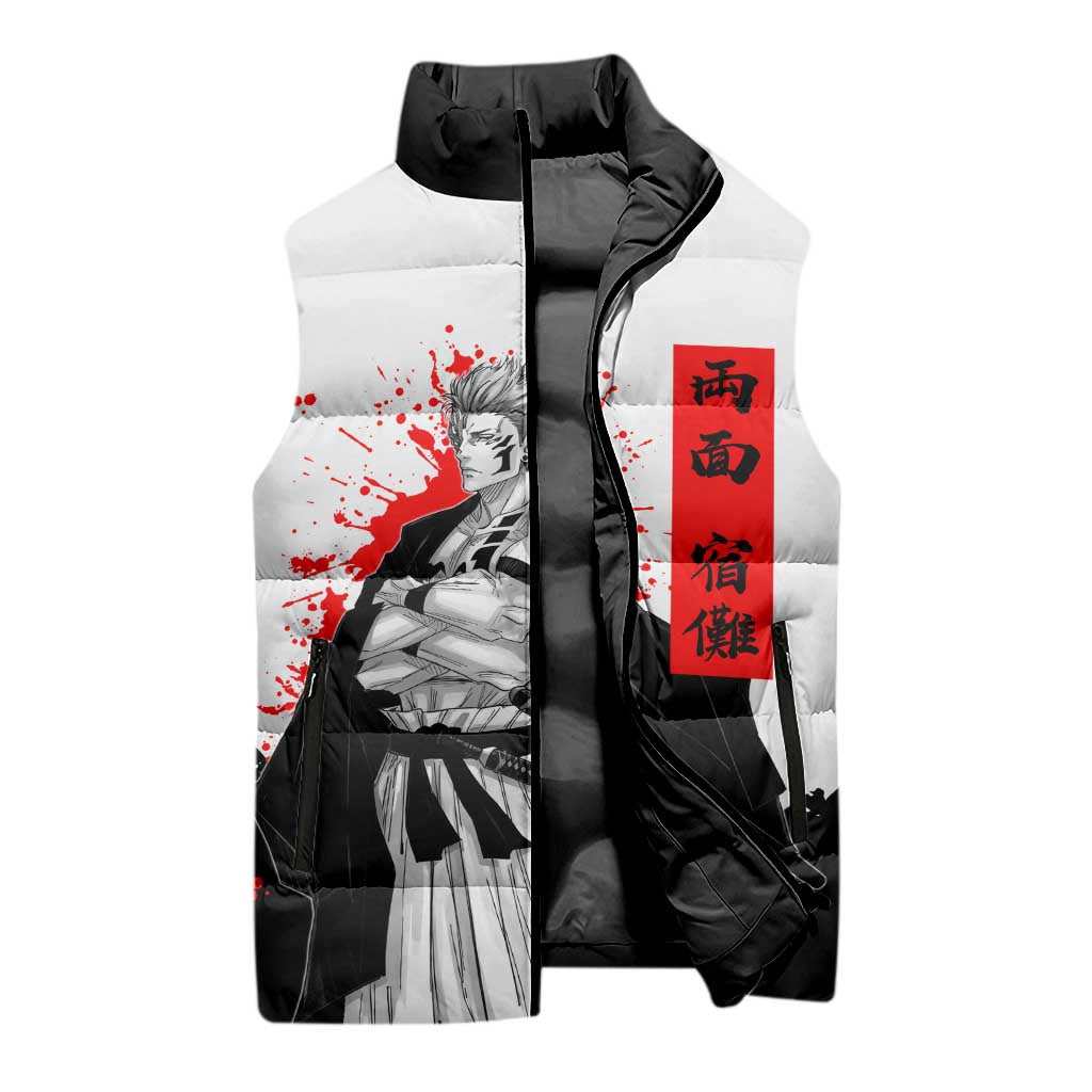 Sukuna Jujutsu Kaisen Samurai Aesthetic Sleeveless Puffer Jacket with Katana, Red Kanji and Oni Mask Design - The Mazicc