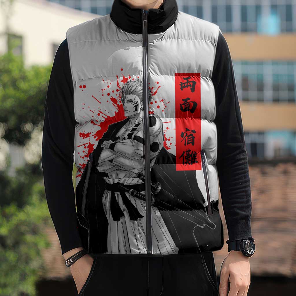 Sukuna Jujutsu Kaisen Samurai Aesthetic Sleeveless Puffer Jacket with Katana, Red Kanji and Oni Mask Design - The Mazicc