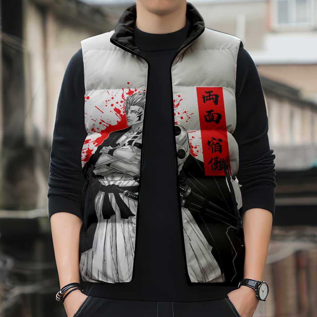 Sukuna Jujutsu Kaisen Samurai Aesthetic Sleeveless Puffer Jacket with Katana, Red Kanji and Oni Mask Design - The Mazicc