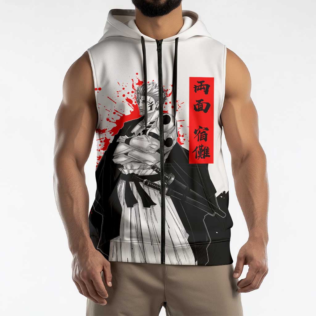 Sukuna Jujutsu Kaisen Samurai Aesthetic Sleeveless Zip Hoodie with Katana, Red Kanji and Oni Mask Design - The Mazicc