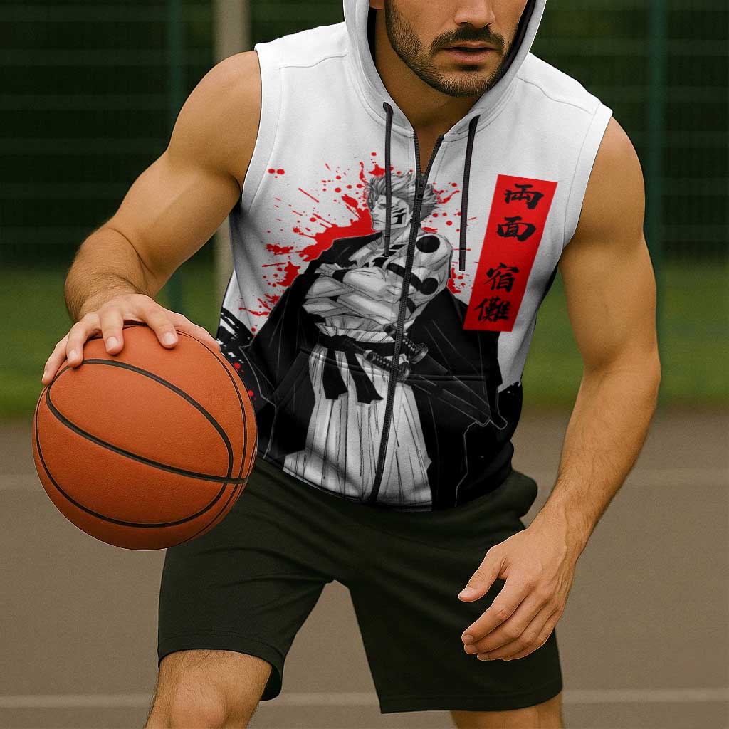 Sukuna Jujutsu Kaisen Samurai Aesthetic Sleeveless Zip Hoodie with Katana, Red Kanji and Oni Mask Design - The Mazicc