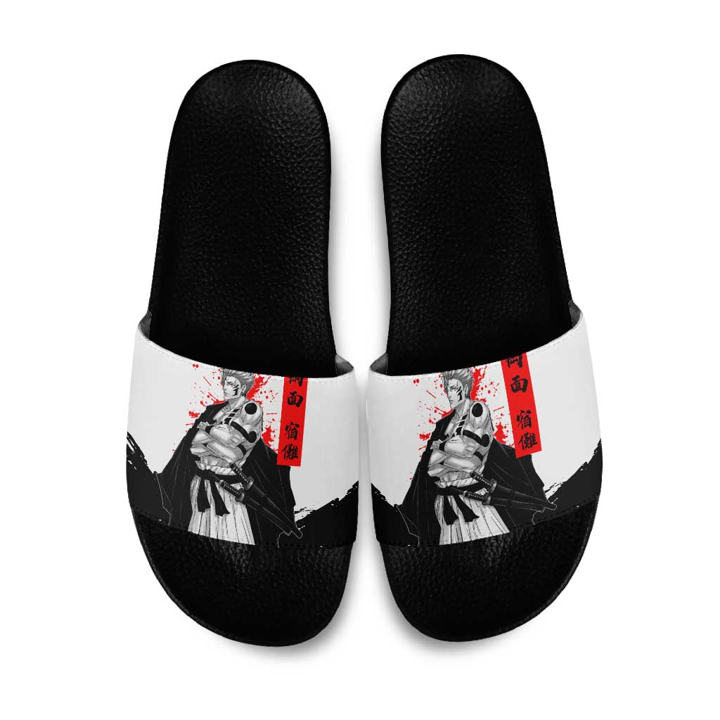 Sukuna Jujutsu Kaisen Samurai Aesthetic Slide Sandals with Katana, Red Kanji and Oni Mask Design - The Mazicc