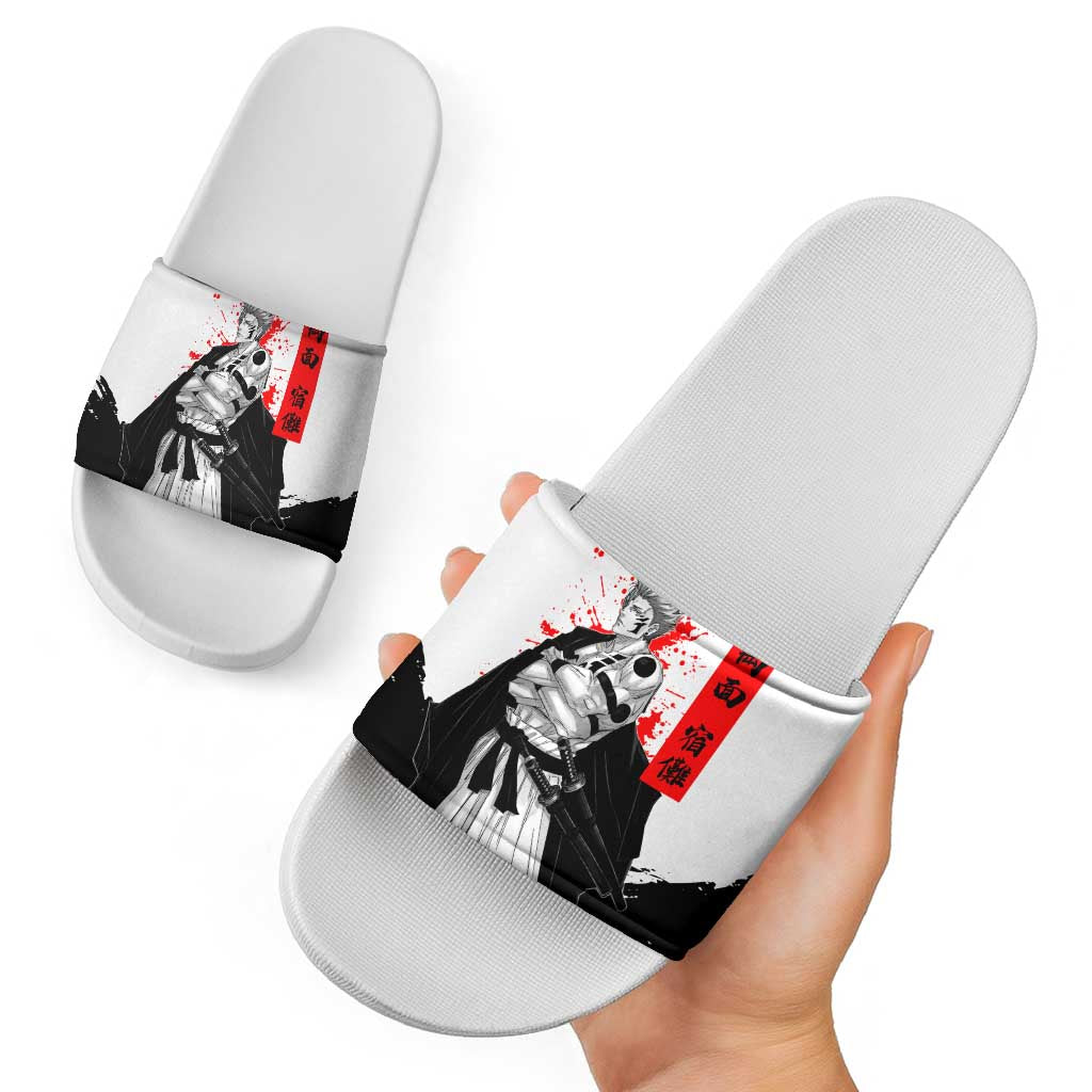 Sukuna Jujutsu Kaisen Samurai Aesthetic Slide Sandals with Katana, Red Kanji and Oni Mask Design - The Mazicc