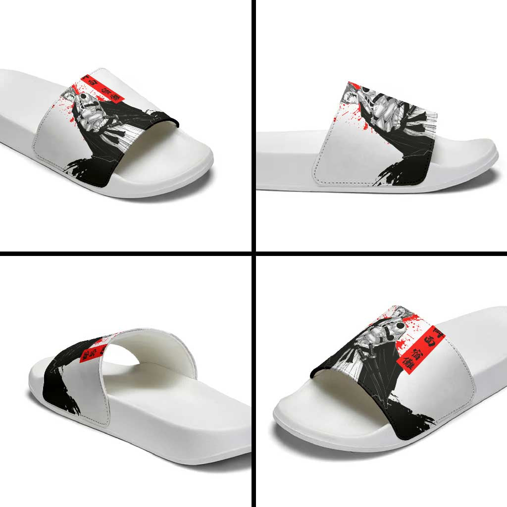 Sukuna Jujutsu Kaisen Samurai Aesthetic Slide Sandals with Katana, Red Kanji and Oni Mask Design - The Mazicc