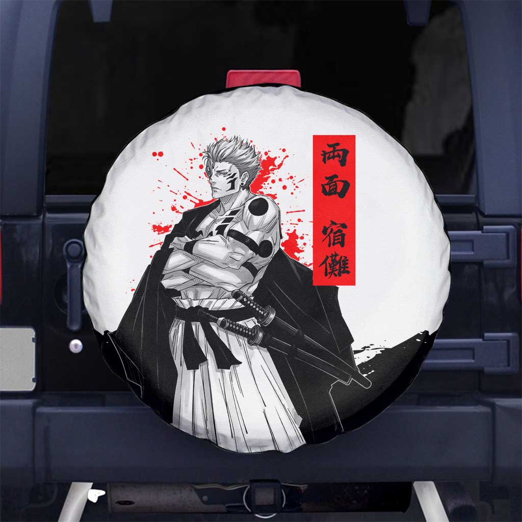 Sukuna Jujutsu Kaisen Samurai Aesthetic Spare Tire Cover with Katana, Red Kanji and Oni Mask Design - The Mazicc