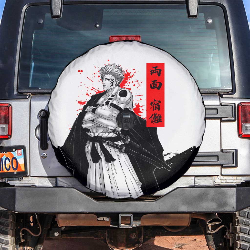 Sukuna Jujutsu Kaisen Samurai Aesthetic Spare Tire Cover with Katana, Red Kanji and Oni Mask Design - The Mazicc