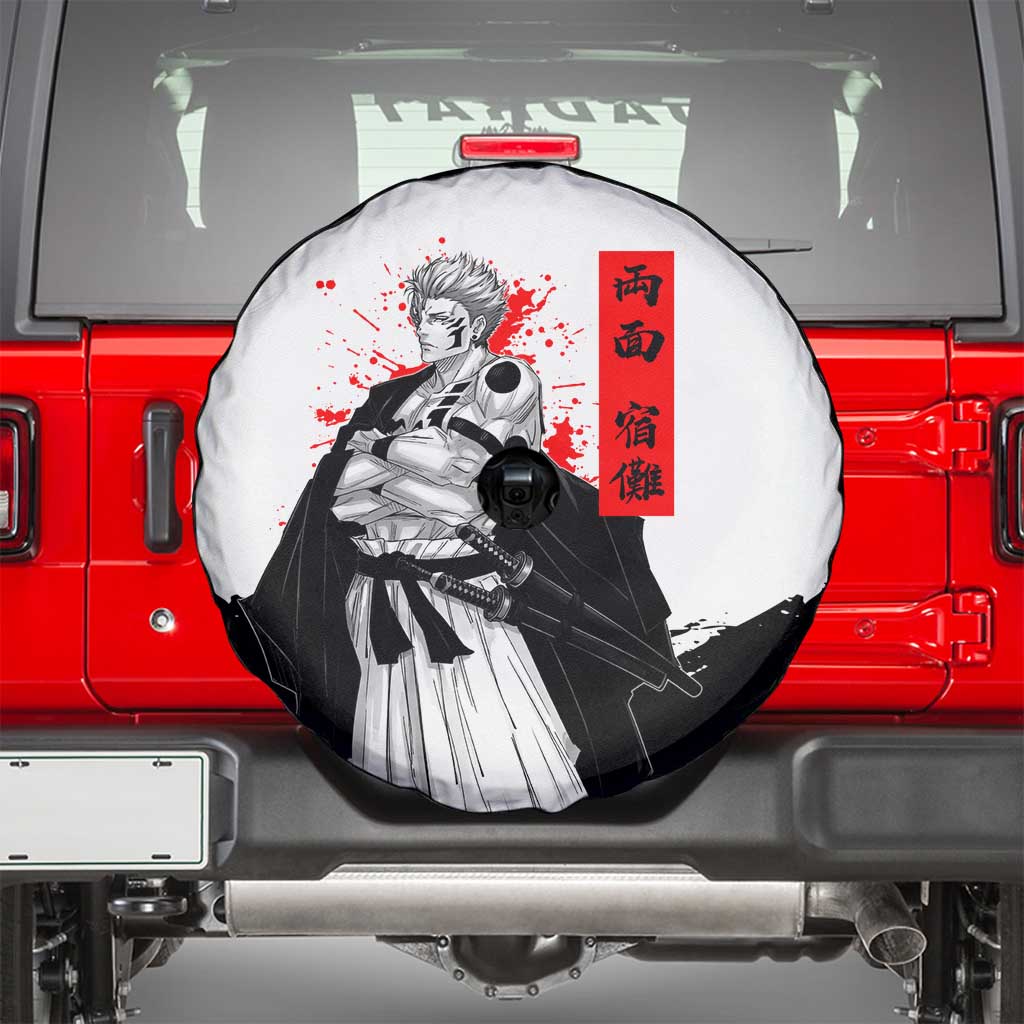 Sukuna Jujutsu Kaisen Samurai Aesthetic Spare Tire Cover with Katana, Red Kanji and Oni Mask Design - The Mazicc