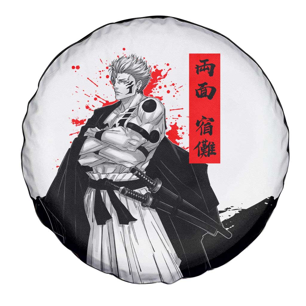 Sukuna Jujutsu Kaisen Samurai Aesthetic Spare Tire Cover with Katana, Red Kanji and Oni Mask Design - The Mazicc