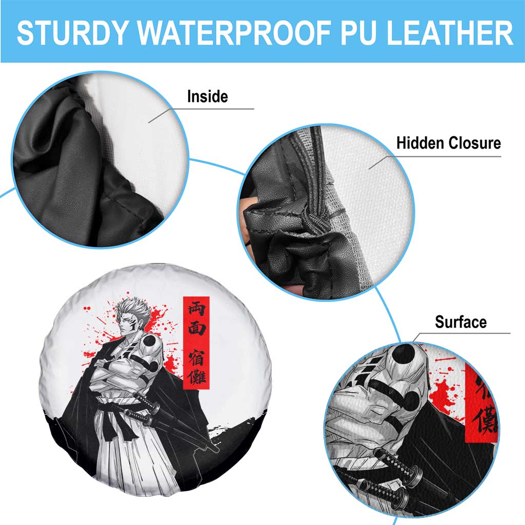 Sukuna Jujutsu Kaisen Samurai Aesthetic Spare Tire Cover with Katana, Red Kanji and Oni Mask Design - The Mazicc