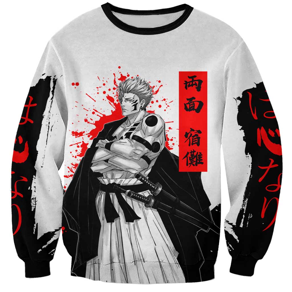 Sukuna Jujutsu Kaisen Samurai Aesthetic Sweatshirt with Katana, Red Kanji and Oni Mask Design - The Mazicc