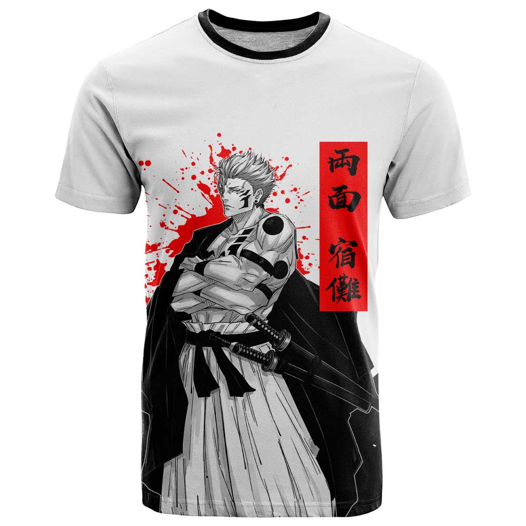 Sukuna Jujutsu Kaisen Samurai Aesthetic T Shirt with Katana, Red Kanji and Oni Mask Design - The Mazicc