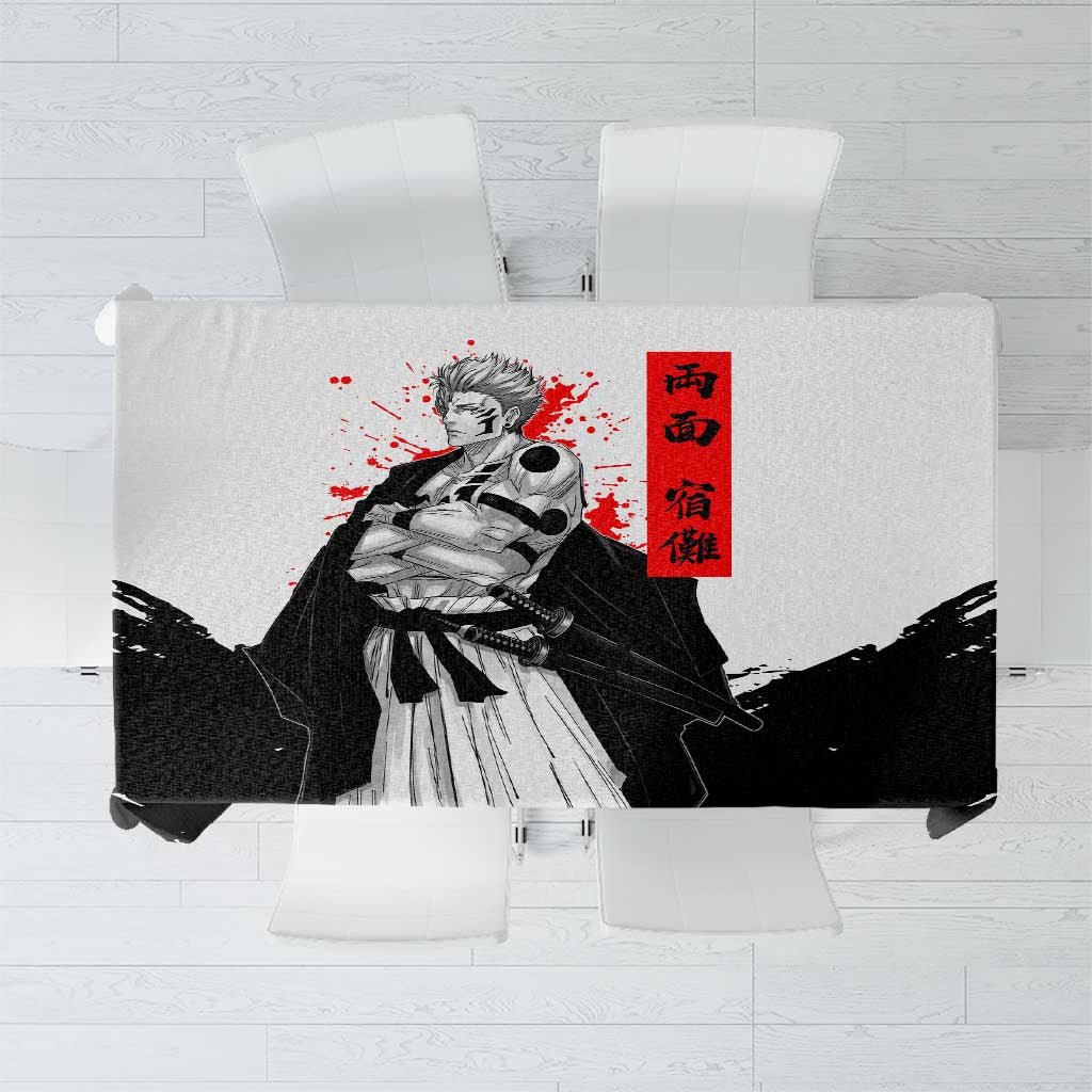 Sukuna Jujutsu Kaisen Samurai Aesthetic Tablecloth with Katana, Red Kanji and Oni Mask Design - The Mazicc