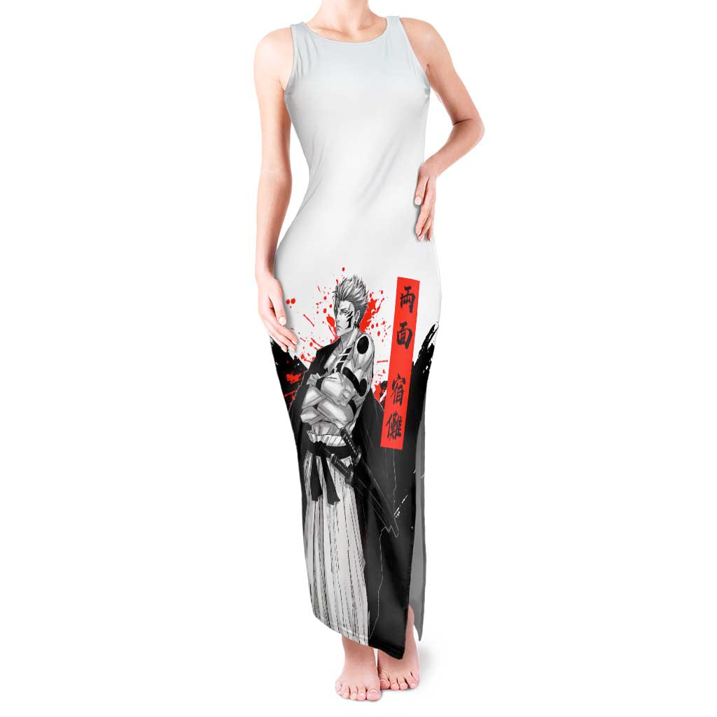 Sukuna Jujutsu Kaisen Samurai Aesthetic Tank Maxi Dress with Katana, Red Kanji and Oni Mask Design - The Mazicc