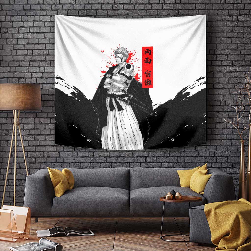 Sukuna Jujutsu Kaisen Samurai Aesthetic Tapestry with Katana, Red Kanji and Oni Mask Design - The Mazicc