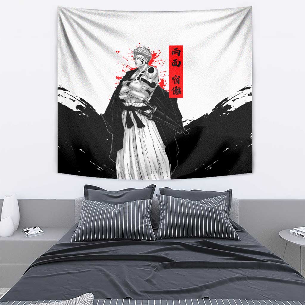 Sukuna Jujutsu Kaisen Samurai Aesthetic Tapestry with Katana, Red Kanji and Oni Mask Design - The Mazicc