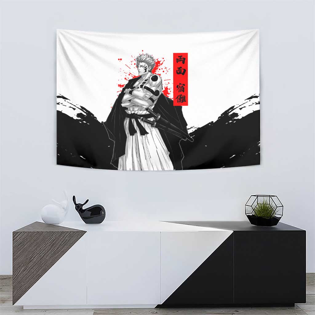 Sukuna Jujutsu Kaisen Samurai Aesthetic Tapestry with Katana, Red Kanji and Oni Mask Design - The Mazicc