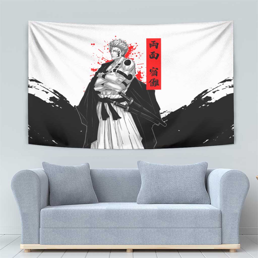 Sukuna Jujutsu Kaisen Samurai Aesthetic Tapestry with Katana, Red Kanji and Oni Mask Design - The Mazicc