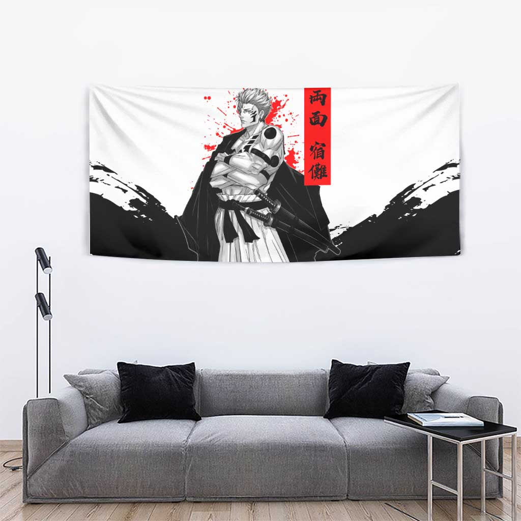Sukuna Jujutsu Kaisen Samurai Aesthetic Tapestry with Katana, Red Kanji and Oni Mask Design - The Mazicc