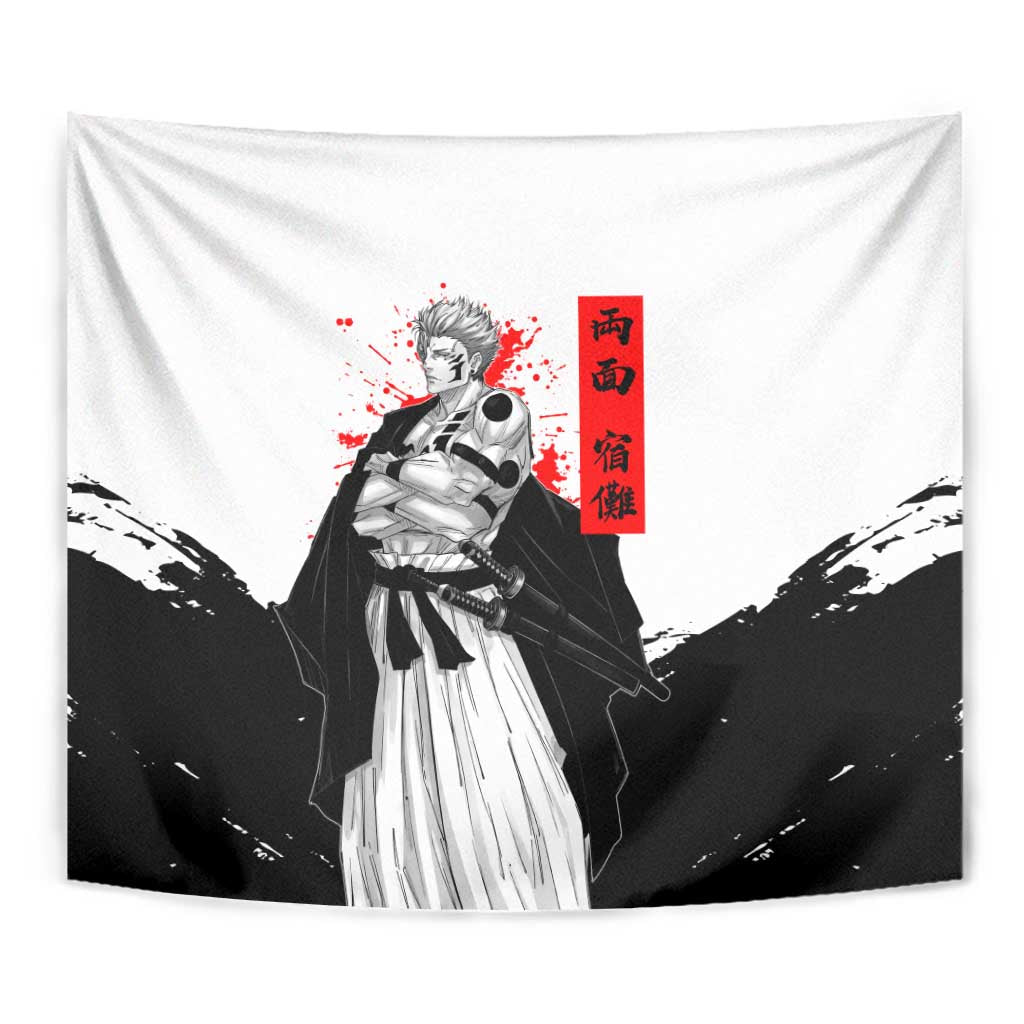 Sukuna Jujutsu Kaisen Samurai Aesthetic Tapestry with Katana, Red Kanji and Oni Mask Design - The Mazicc