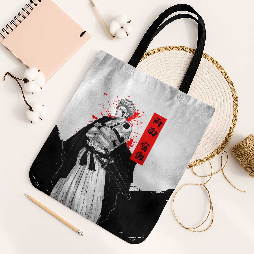 Sukuna Jujutsu Kaisen Samurai Aesthetic Tote Bag with Katana, Red Kanji and Oni Mask Design - The Mazicc