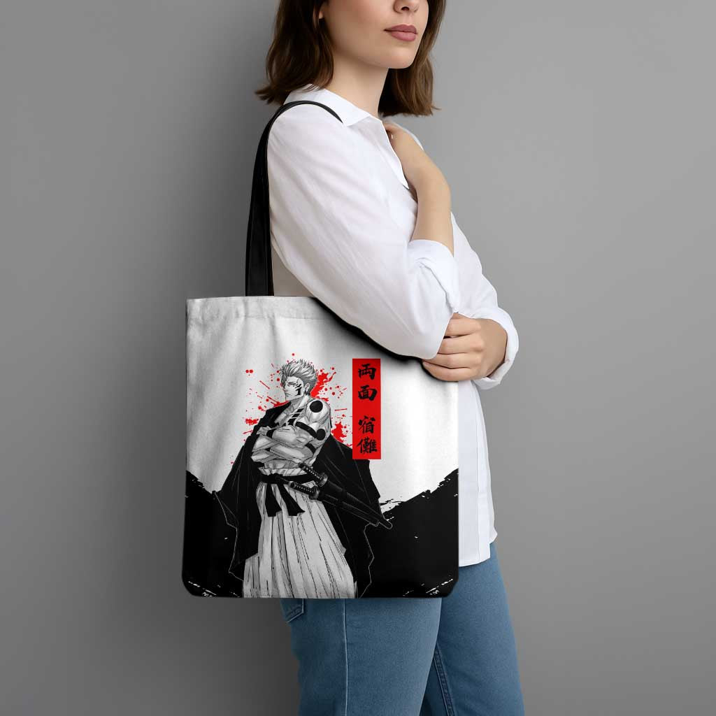 Sukuna Jujutsu Kaisen Samurai Aesthetic Tote Bag with Katana, Red Kanji and Oni Mask Design - The Mazicc