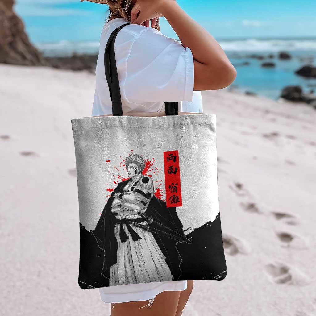 Sukuna Jujutsu Kaisen Samurai Aesthetic Tote Bag with Katana, Red Kanji and Oni Mask Design - The Mazicc