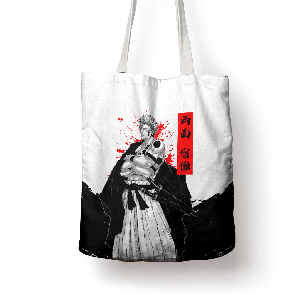 Sukuna Jujutsu Kaisen Samurai Aesthetic Tote Bag with Katana, Red Kanji and Oni Mask Design - The Mazicc