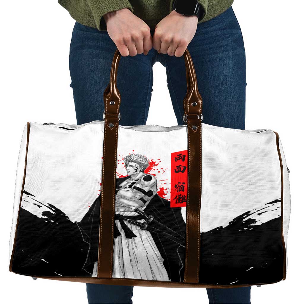 Sukuna Jujutsu Kaisen Samurai Aesthetic Travel Bag with Katana, Red Kanji and Oni Mask Design - The Mazicc
