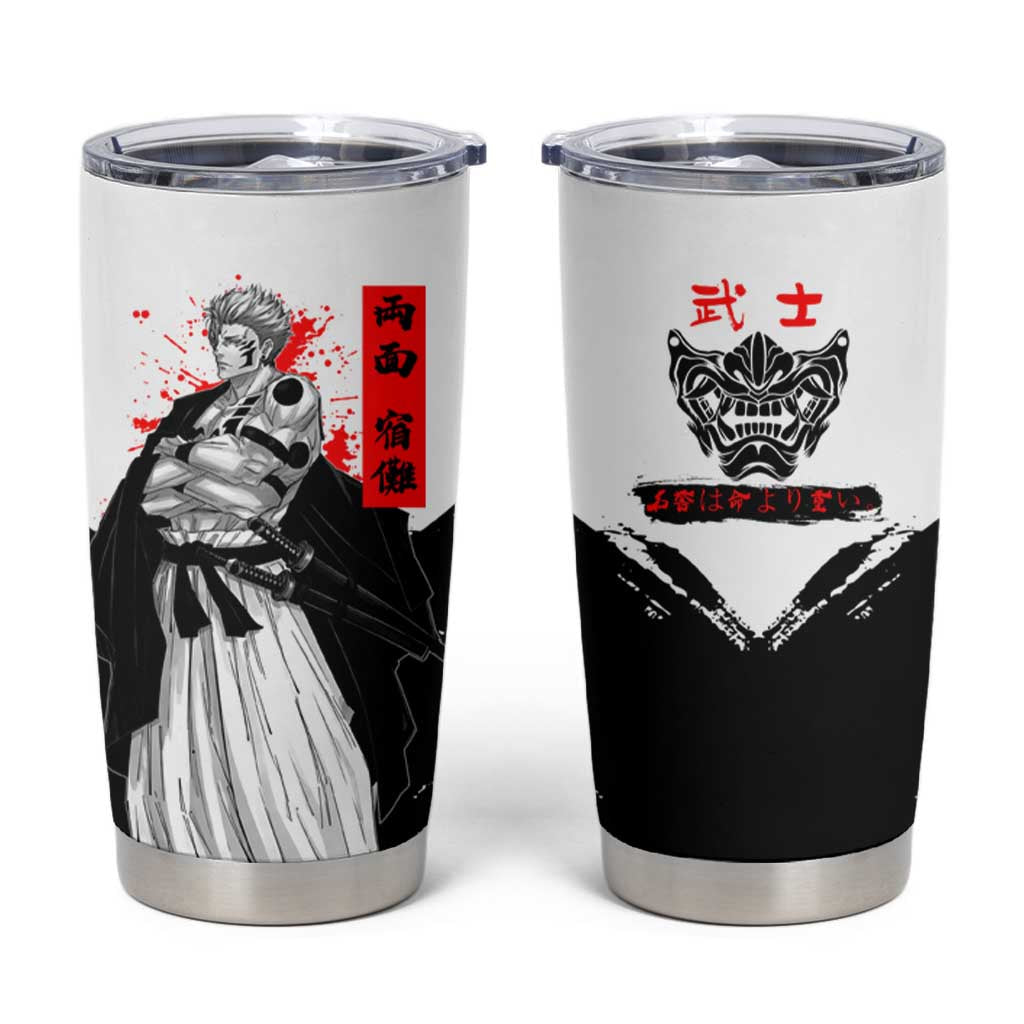 Sukuna Jujutsu Kaisen Samurai Aesthetic Tumbler Cup with Katana, Red Kanji and Oni Mask Design - The Mazicc