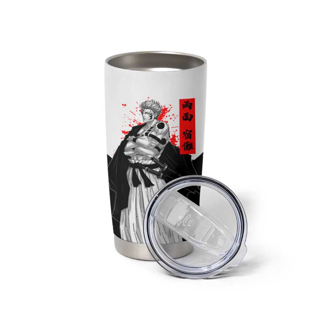 Sukuna Jujutsu Kaisen Samurai Aesthetic Tumbler Cup with Katana, Red Kanji and Oni Mask Design - The Mazicc