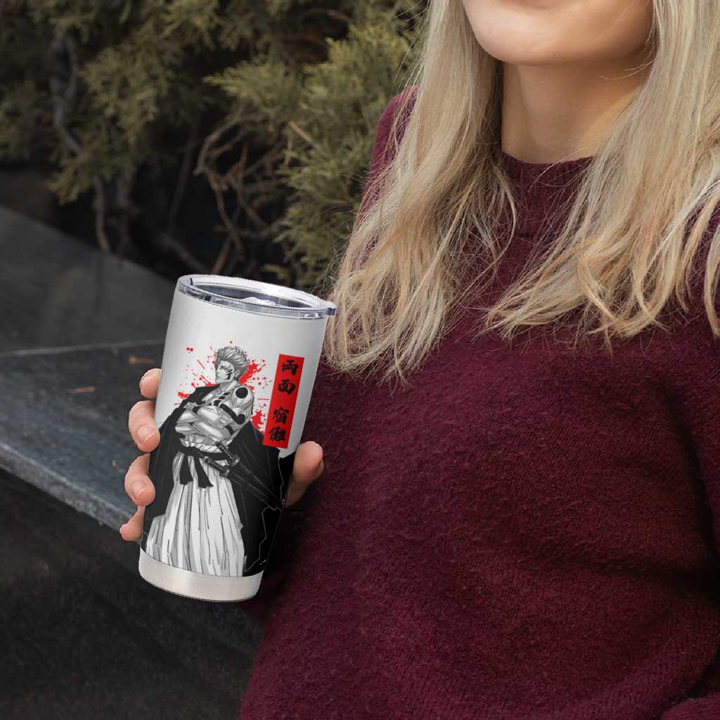 Sukuna Jujutsu Kaisen Samurai Aesthetic Tumbler Cup with Katana, Red Kanji and Oni Mask Design - The Mazicc