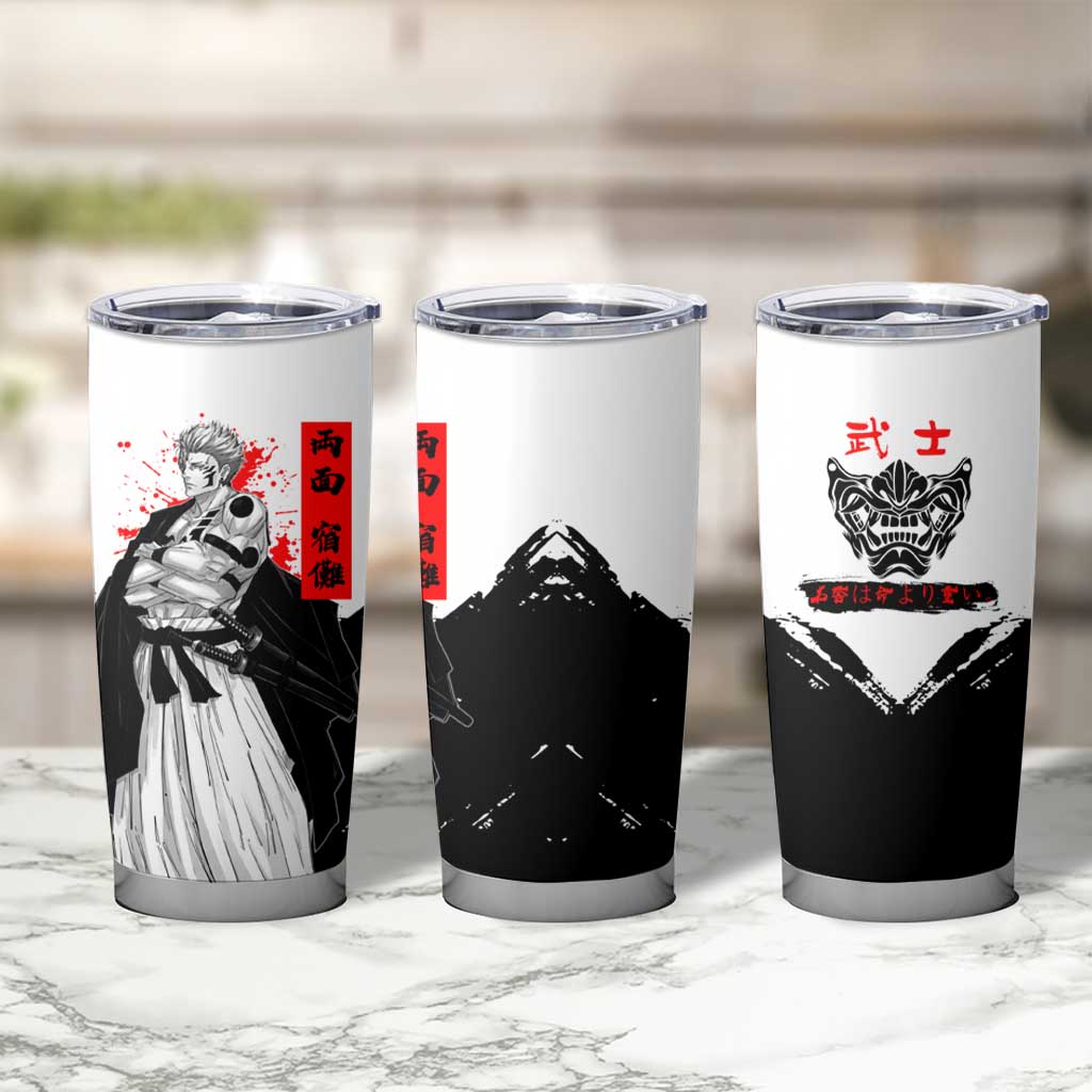 Sukuna Jujutsu Kaisen Samurai Aesthetic Tumbler Cup with Katana, Red Kanji and Oni Mask Design - The Mazicc
