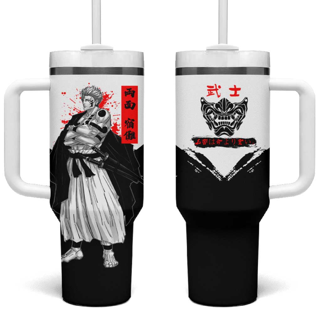 Sukuna Jujutsu Kaisen Samurai Aesthetic Tumbler With Handle with Katana, Red Kanji and Oni Mask Design - The Mazicc