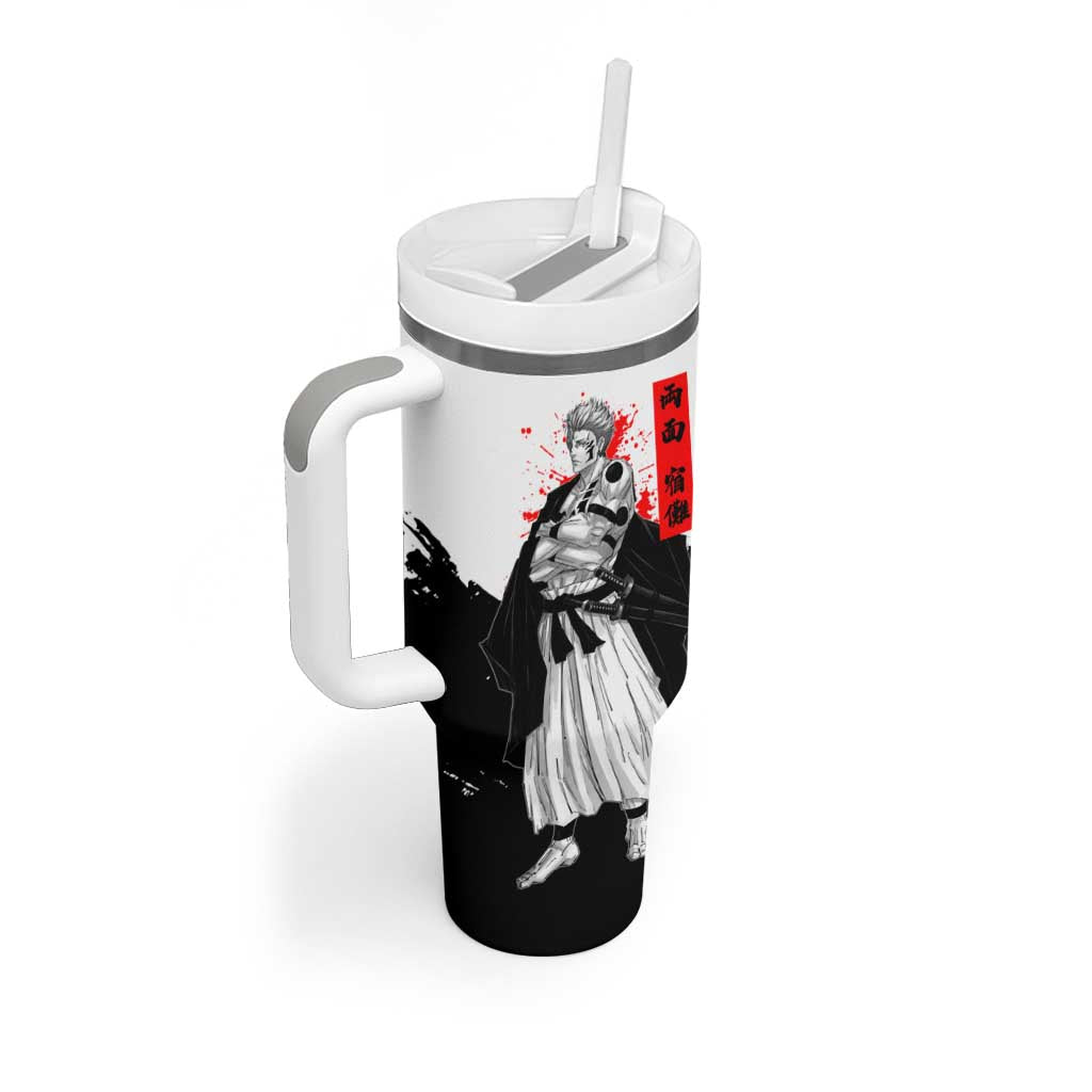 Sukuna Jujutsu Kaisen Samurai Aesthetic Tumbler With Handle with Katana, Red Kanji and Oni Mask Design - The Mazicc