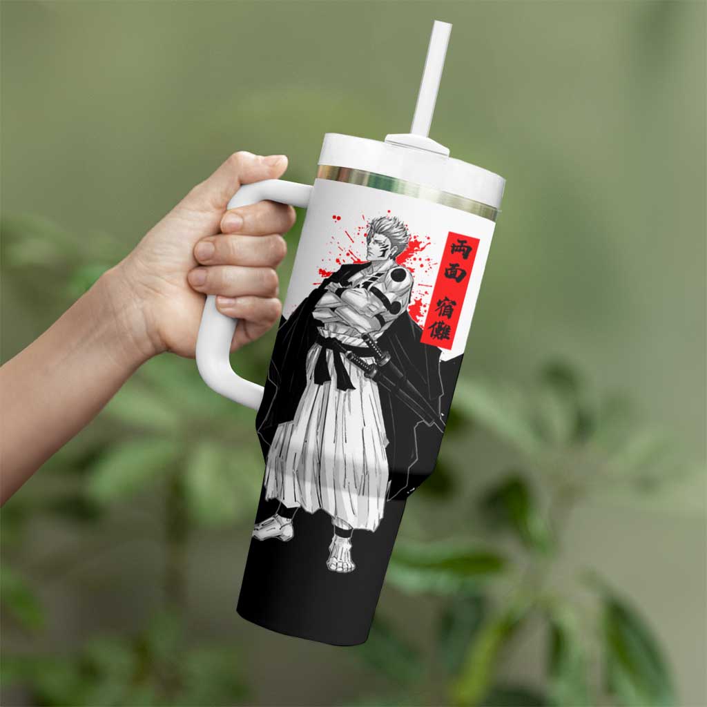 Sukuna Jujutsu Kaisen Samurai Aesthetic Tumbler With Handle with Katana, Red Kanji and Oni Mask Design - The Mazicc