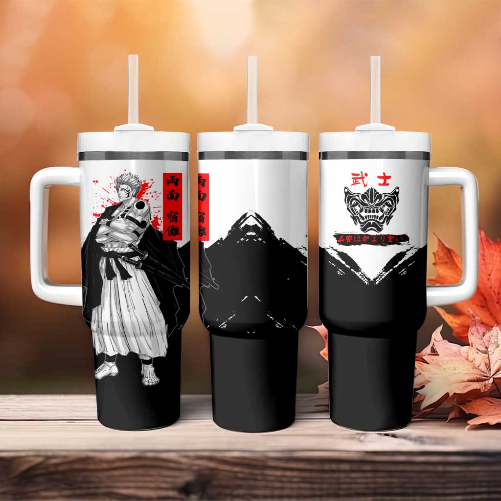 Sukuna Jujutsu Kaisen Samurai Aesthetic Tumbler With Handle with Katana, Red Kanji and Oni Mask Design - The Mazicc