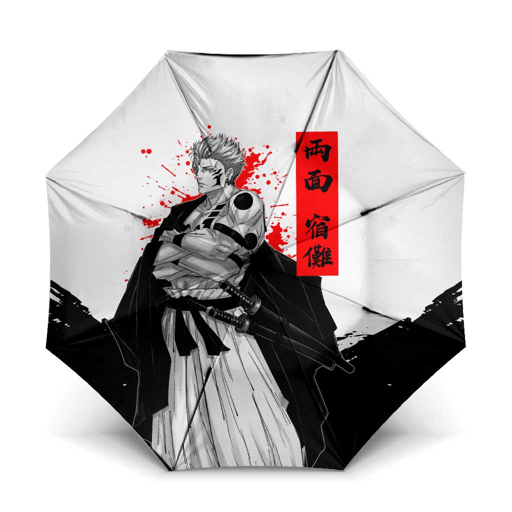 Sukuna Jujutsu Kaisen Samurai Aesthetic Umbrella with Katana, Red Kanji and Oni Mask Design - The Mazicc