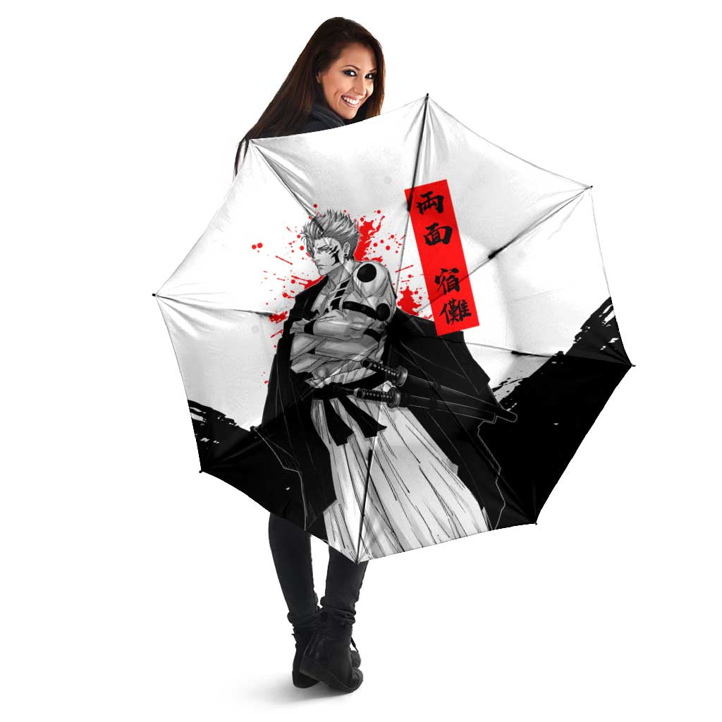 Sukuna Jujutsu Kaisen Samurai Aesthetic Umbrella with Katana, Red Kanji and Oni Mask Design - The Mazicc