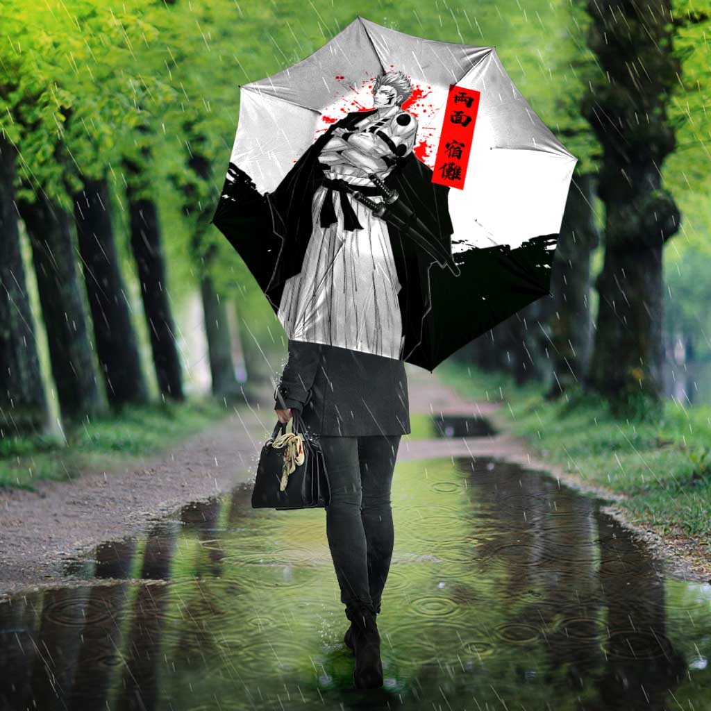 Sukuna Jujutsu Kaisen Samurai Aesthetic Umbrella with Katana, Red Kanji and Oni Mask Design - The Mazicc