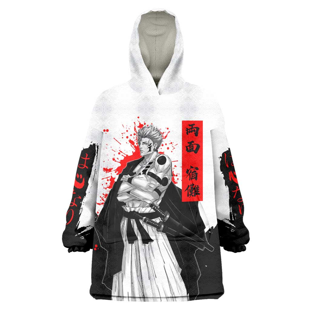 Sukuna Jujutsu Kaisen Samurai Aesthetic Wearable Blanket Hoodie with Katana, Red Kanji and Oni Mask Design - The Mazicc
