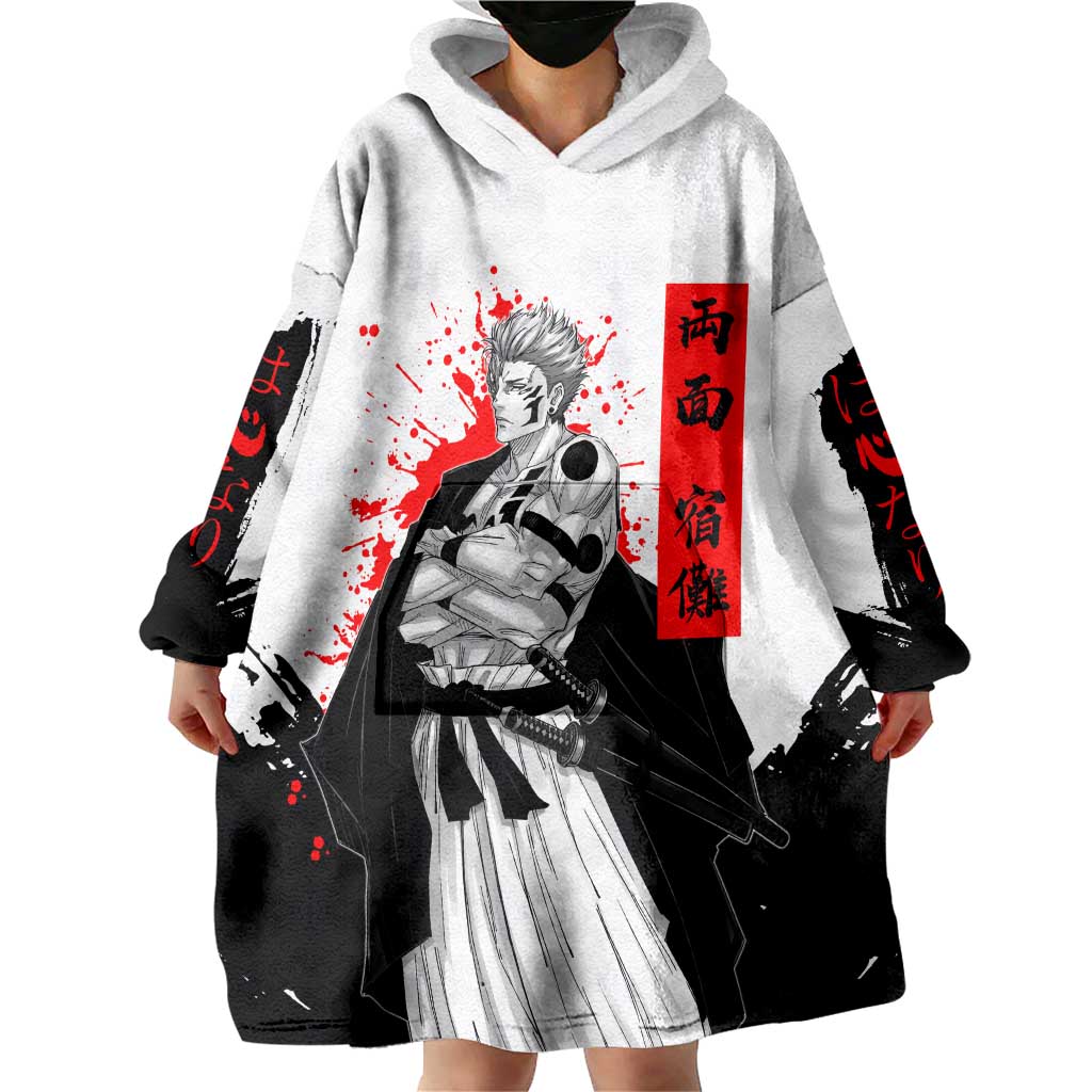 Sukuna Jujutsu Kaisen Samurai Aesthetic Wearable Blanket Hoodie with Katana, Red Kanji and Oni Mask Design - The Mazicc