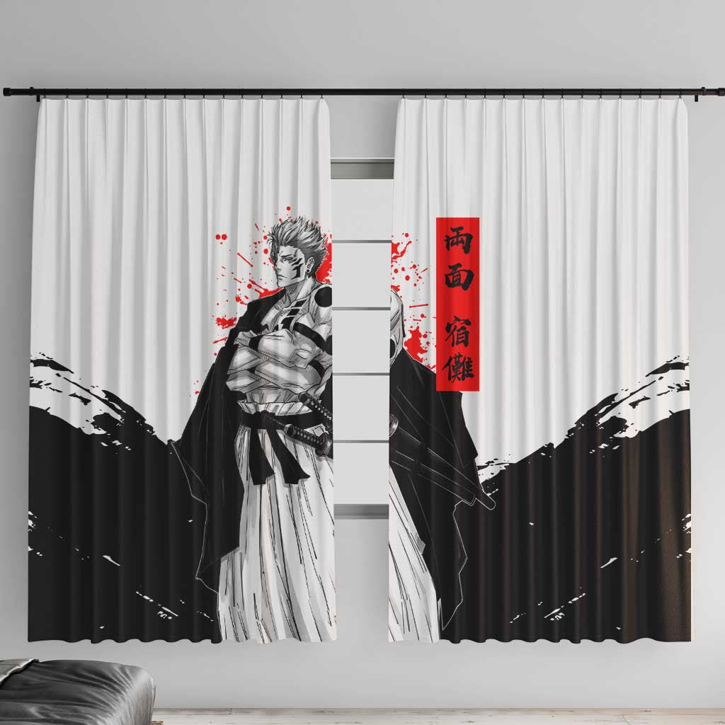 Sukuna Jujutsu Kaisen Samurai Aesthetic Window Curtain with Katana, Red Kanji and Oni Mask Design - The Mazicc