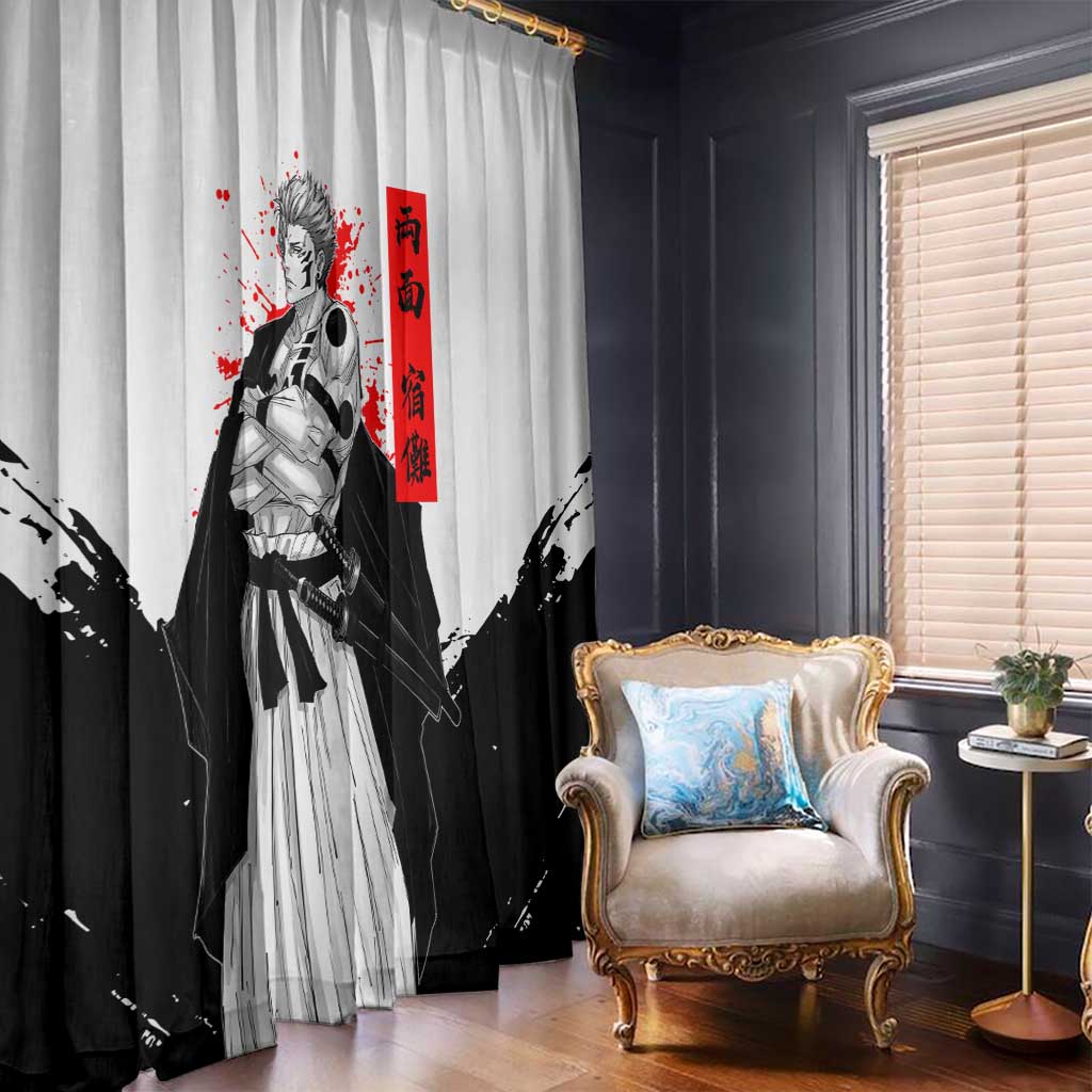 Sukuna Jujutsu Kaisen Samurai Aesthetic Window Curtain with Katana, Red Kanji and Oni Mask Design - The Mazicc