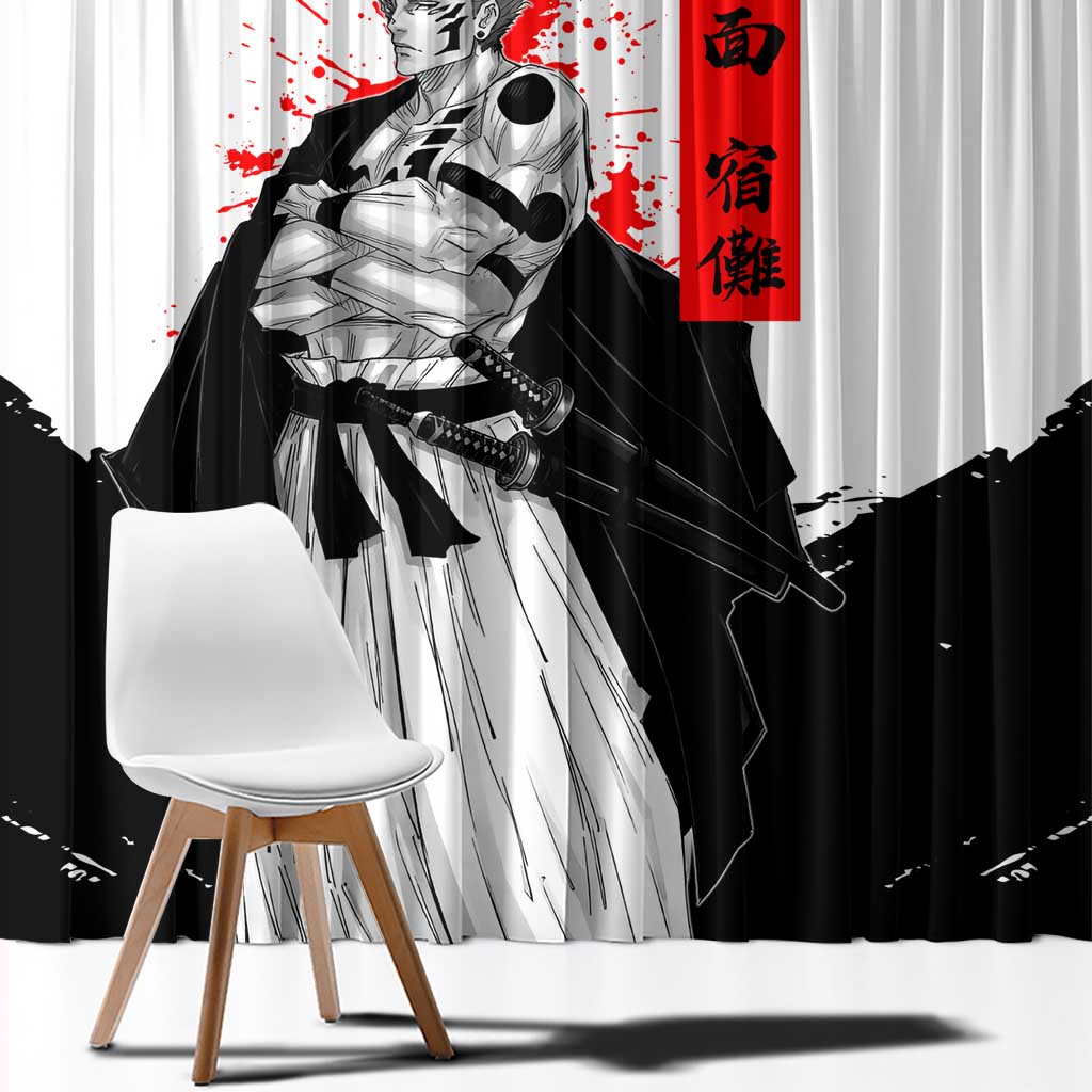 Sukuna Jujutsu Kaisen Samurai Aesthetic Window Curtain with Katana, Red Kanji and Oni Mask Design - The Mazicc