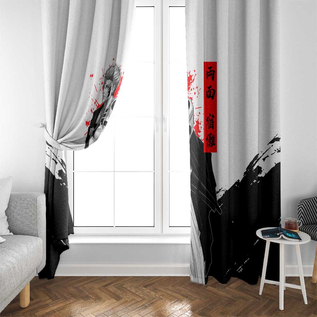 Sukuna Jujutsu Kaisen Samurai Aesthetic Window Curtain with Katana, Red Kanji and Oni Mask Design - The Mazicc