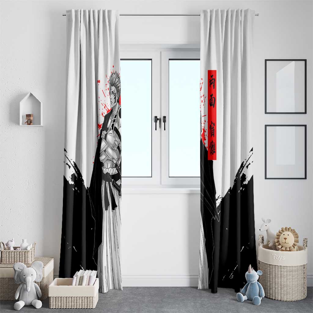 Sukuna Jujutsu Kaisen Samurai Aesthetic Window Curtain with Katana, Red Kanji and Oni Mask Design - The Mazicc