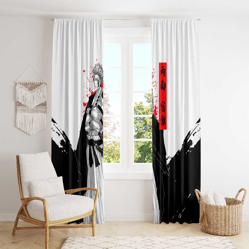 Sukuna Jujutsu Kaisen Samurai Aesthetic Window Curtain with Katana, Red Kanji and Oni Mask Design - The Mazicc