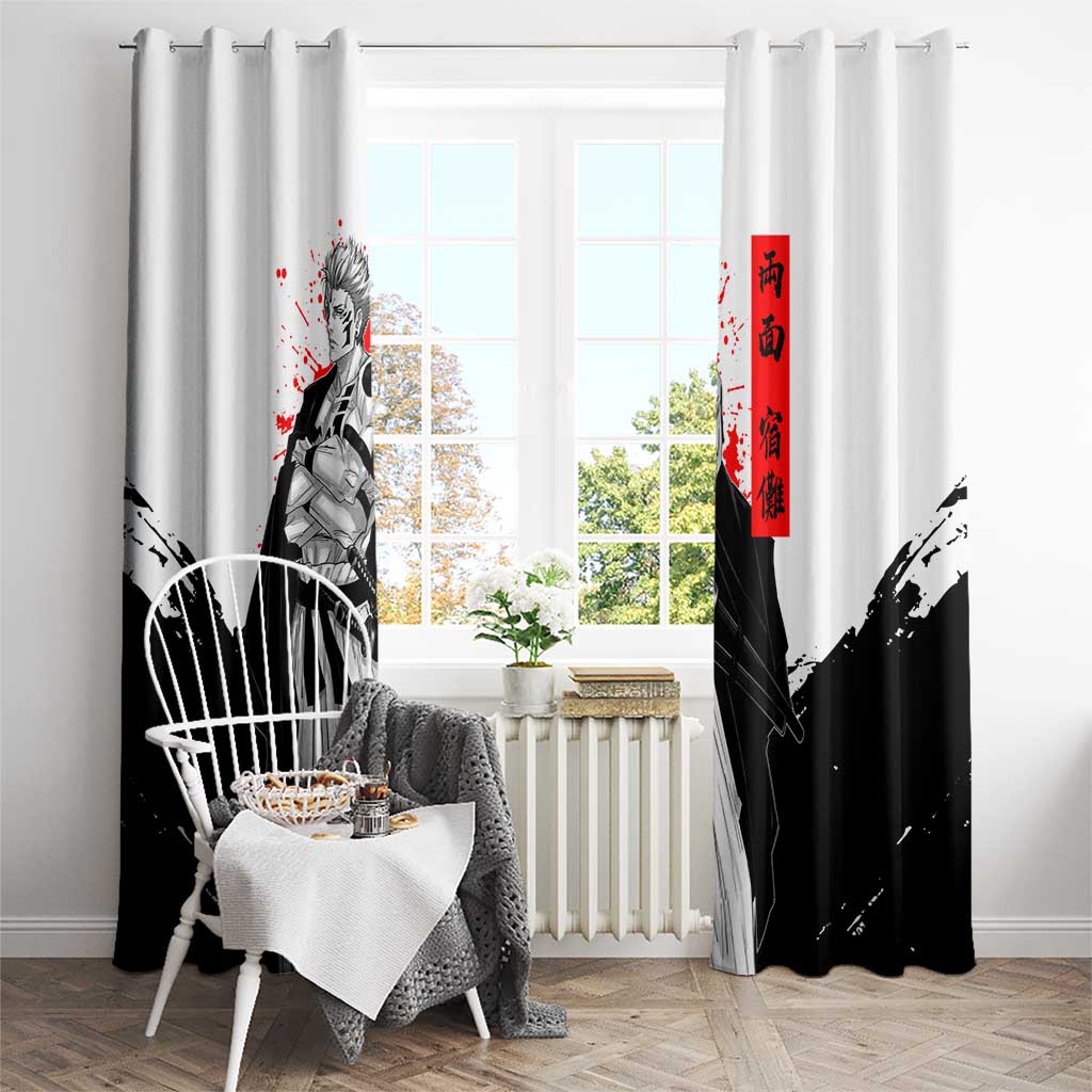 Sukuna Jujutsu Kaisen Samurai Aesthetic Window Curtain with Katana, Red Kanji and Oni Mask Design - The Mazicc