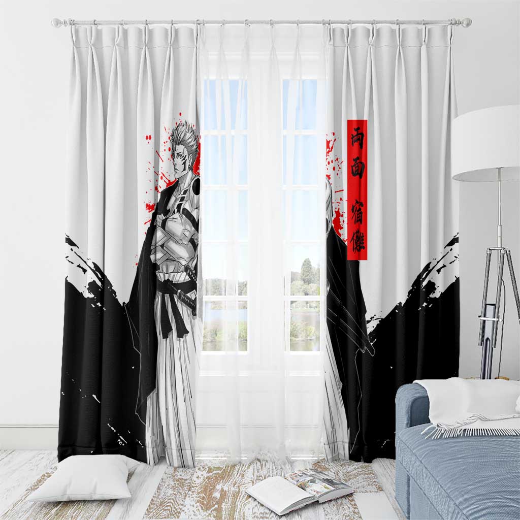 Sukuna Jujutsu Kaisen Samurai Aesthetic Window Curtain with Katana, Red Kanji and Oni Mask Design - The Mazicc