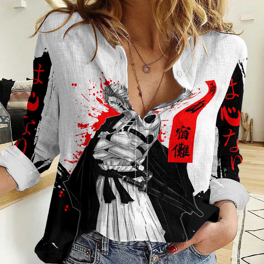 Sukuna Jujutsu Kaisen Samurai Aesthetic Women Casual Shirt with Katana, Red Kanji and Oni Mask Design - The Mazicc